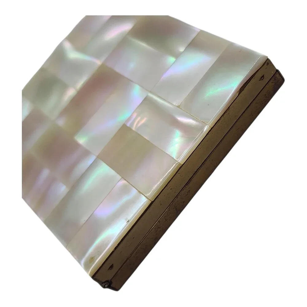Vintage Mother of Pearl Inlay Powder Compact Basket Weave Gold Tone Mirror
